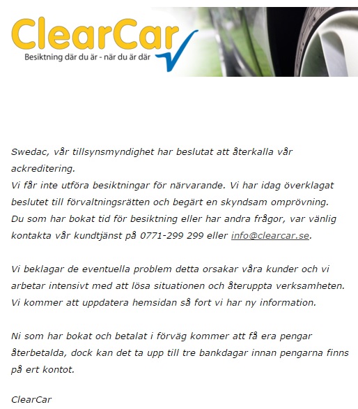 clearcar bilbesiktning stängs